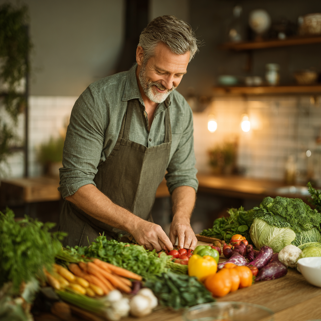Middle-aged adult preparing fresh seasonal vegetables in a calm kitchen environment