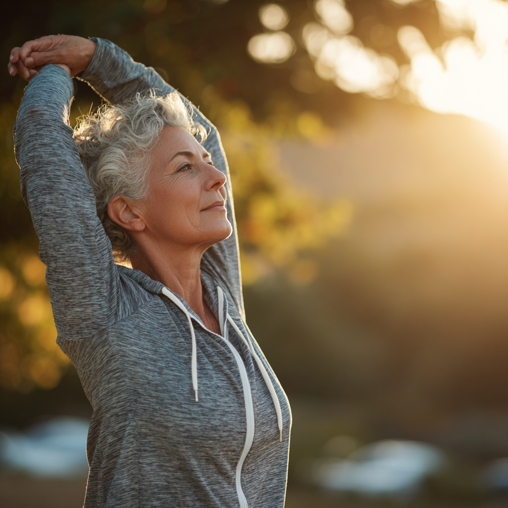 Older adult engaging in gentle stretching exercises outdoors in natural sunlight